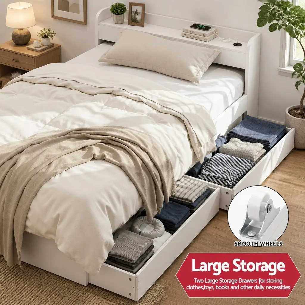 King Single Bed Frame with USB and Storage