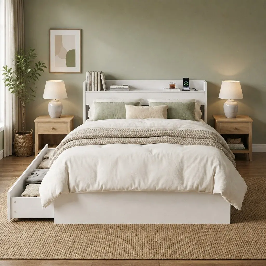 King Single Bed Frame with USB and Storage