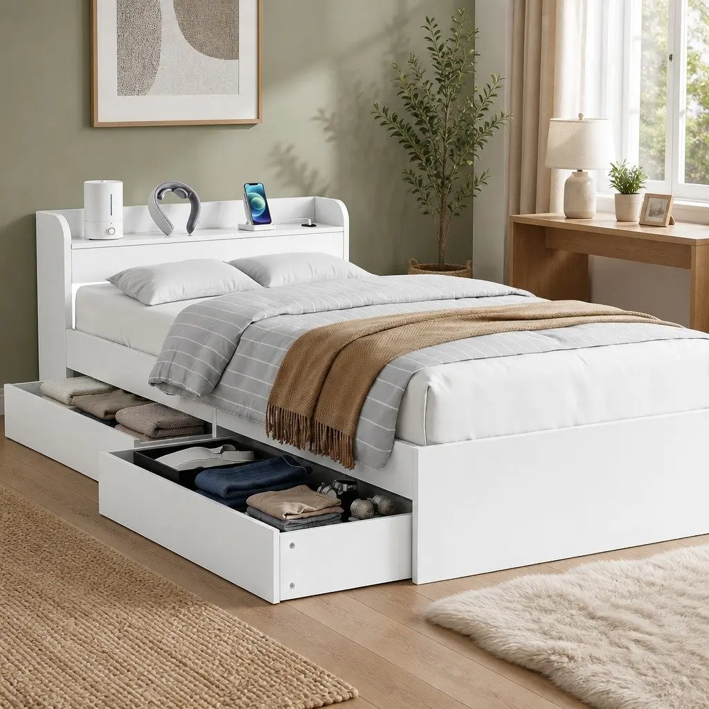 King Single Bed Frame with USB and Storage