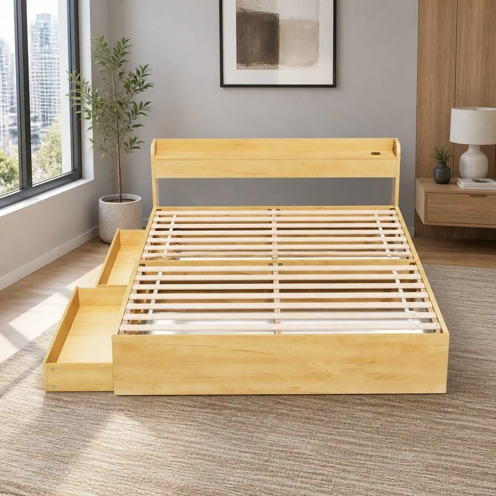 Queen Size Bed Frame with USB Charging Ports Storage Drawers Headboard