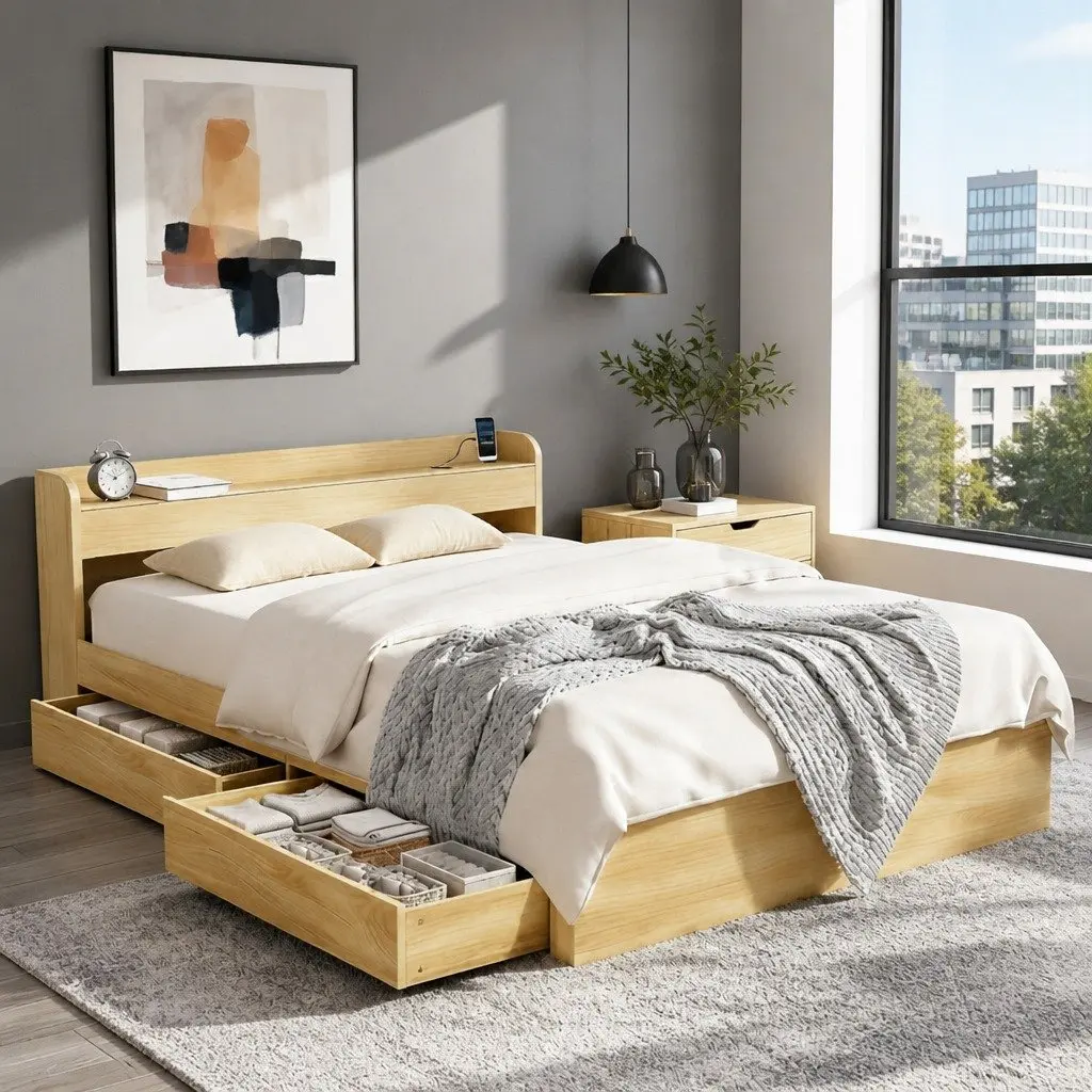 Queen Size Bed Frame with USB Charging Ports Storage Drawers Headboard