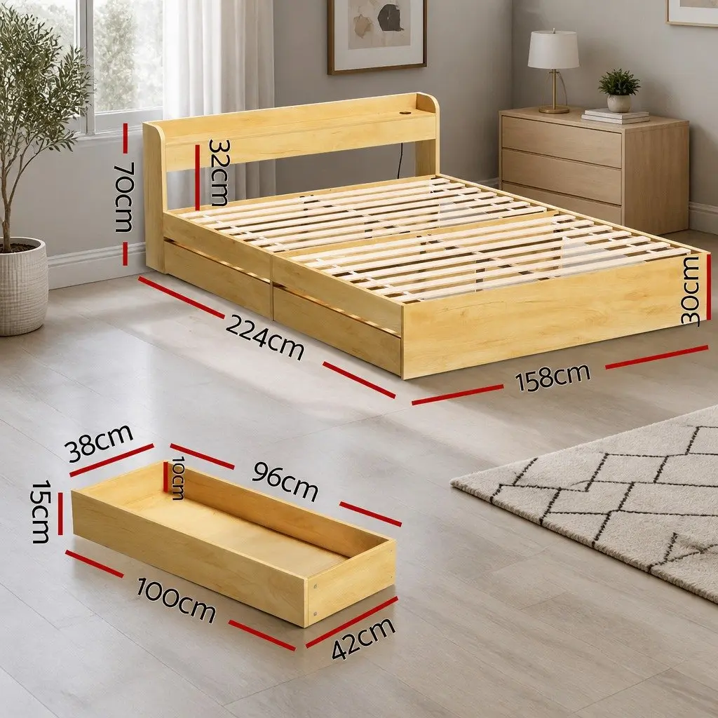 Queen Size Bed Frame with USB Charging Ports Storage Drawers Headboard