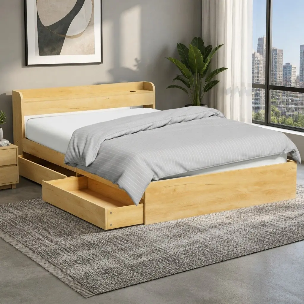 Queen Size Bed Frame with USB Charging Ports Storage Drawers Headboard