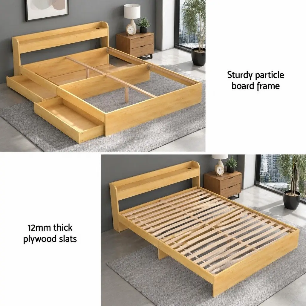 Queen Size Bed Frame with USB Charging Ports Storage Drawers Headboard