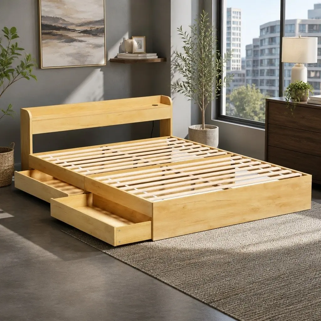Queen Size Bed Frame with USB Charging Ports Storage Drawers Headboard