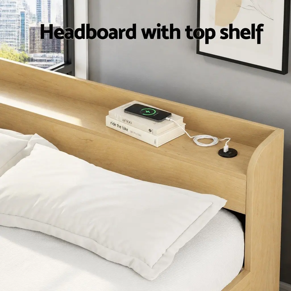 Queen Size Bed Frame with USB Charging Ports Storage Drawers Headboard