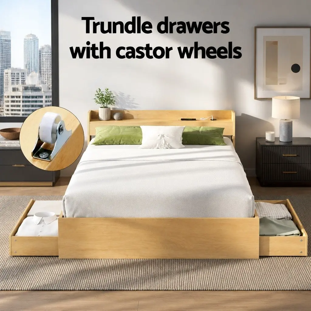 Queen Size Bed Frame with USB Charging Ports Storage Drawers Headboard