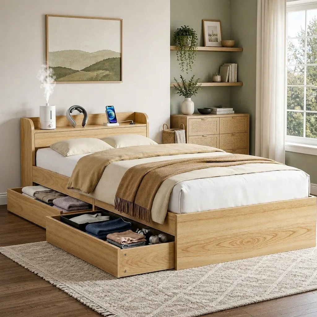 Single Bed Frame with Storage Drawers and USB Charging Ports Wooden Slat Platform 211 x 95 x 70cm