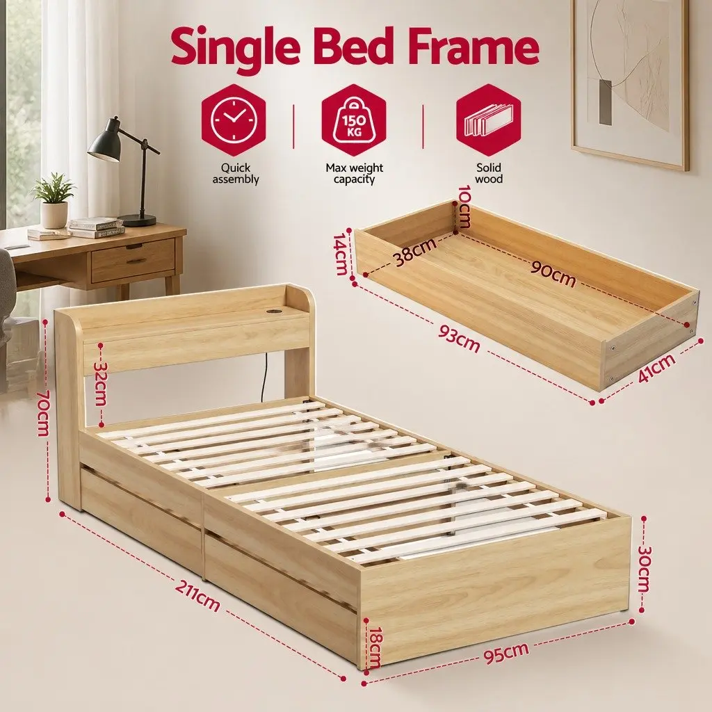Single Bed Frame with Storage Drawers and USB Charging Ports Wooden Slat Platform 211 x 95 x 70cm