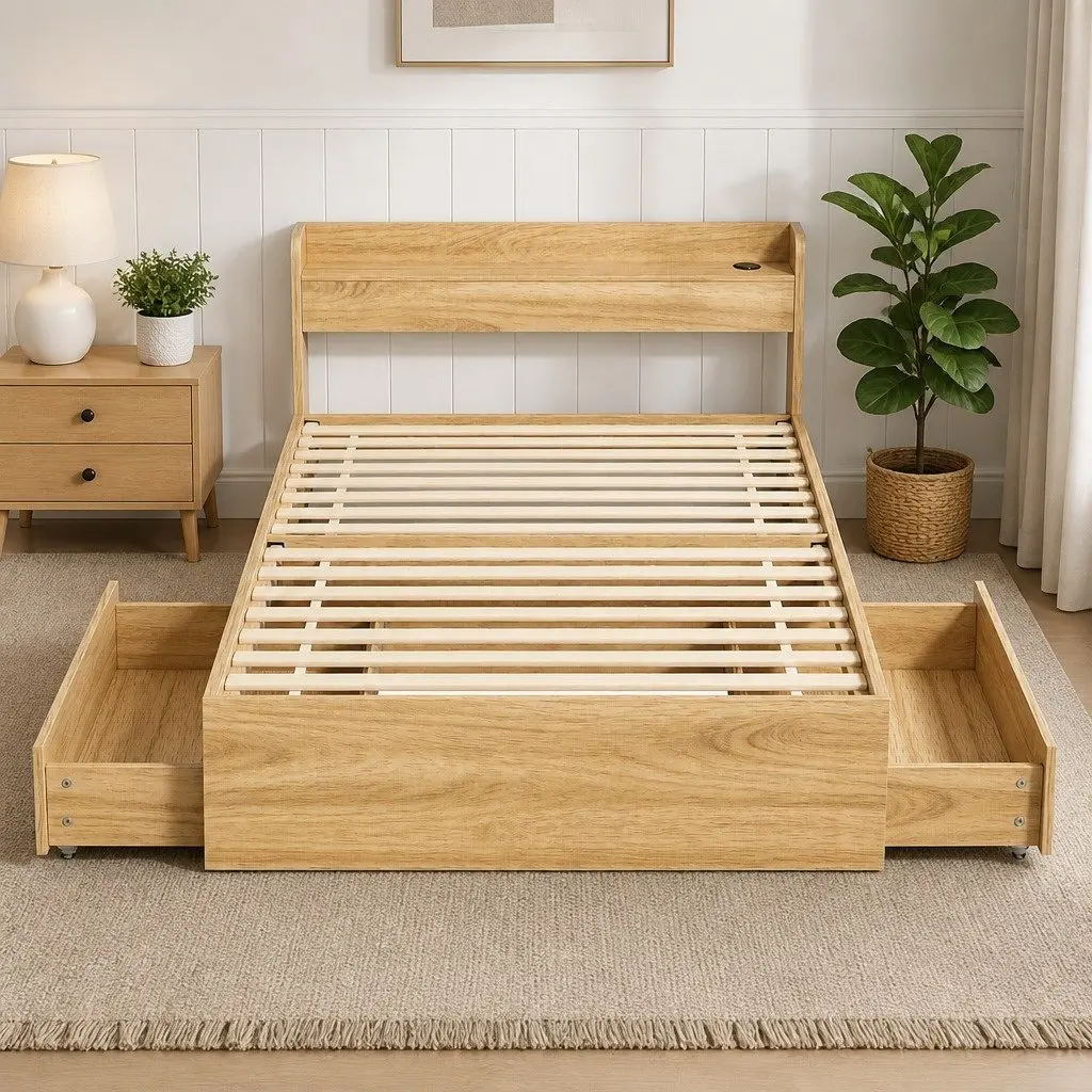 Single Bed Frame with Storage Drawers and USB Charging Ports Wooden Slat Platform 211 x 95 x 70cm