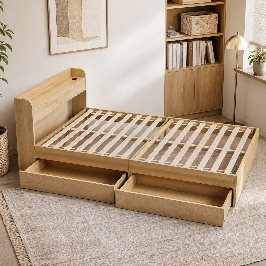 Single Bed Frame with Storage Drawers and USB Charging Ports Wooden Slat Platform 211 x 95 x 70cm
