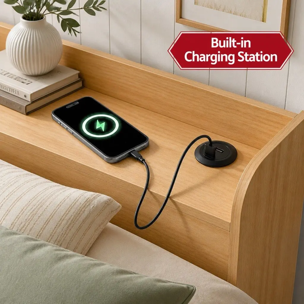 Single Bed Frame with Storage Drawers and USB Charging Ports Wooden Slat Platform 211 x 95 x 70cm