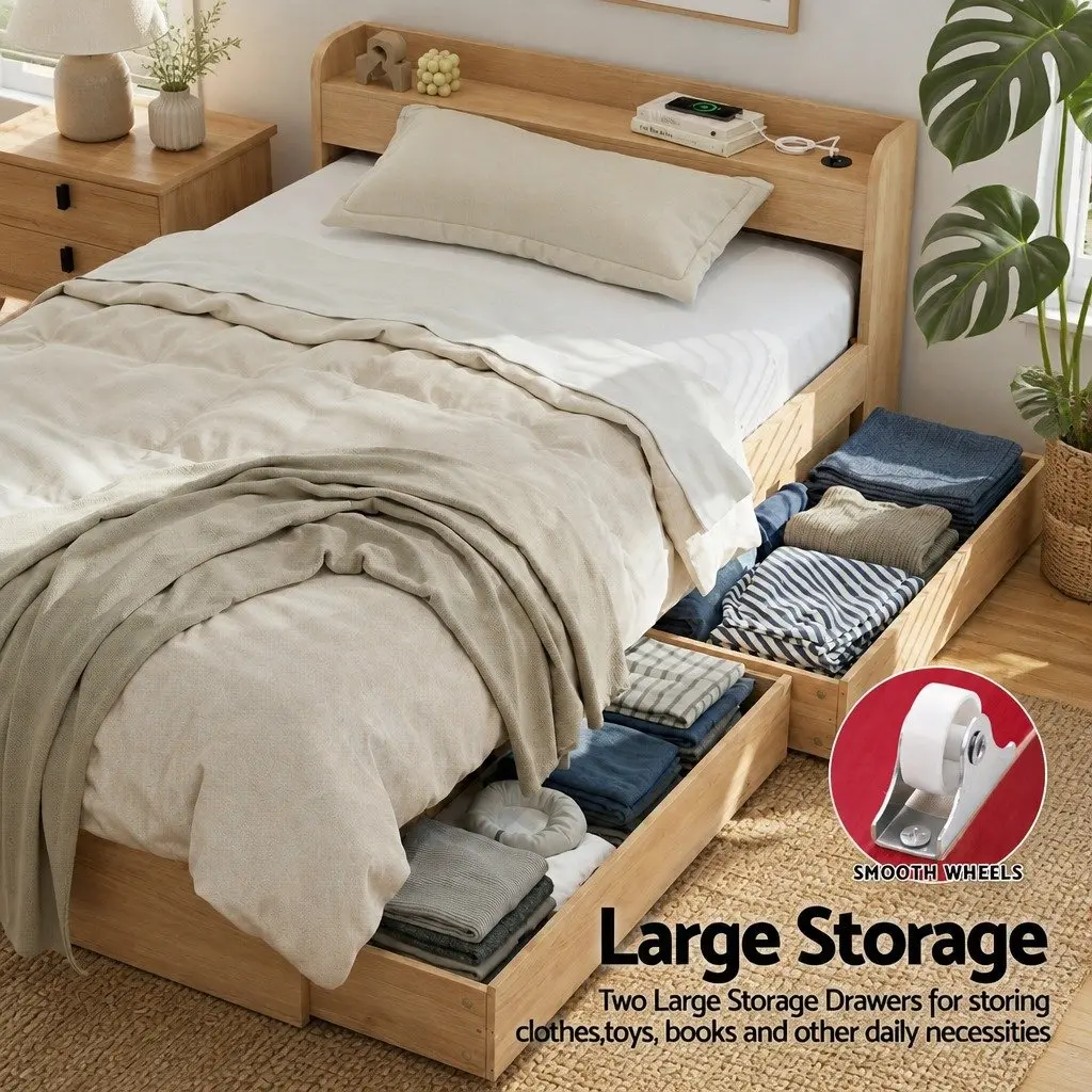 Single Bed Frame with Storage Drawers and USB Charging Ports Wooden Slat Platform 211 x 95 x 70cm
