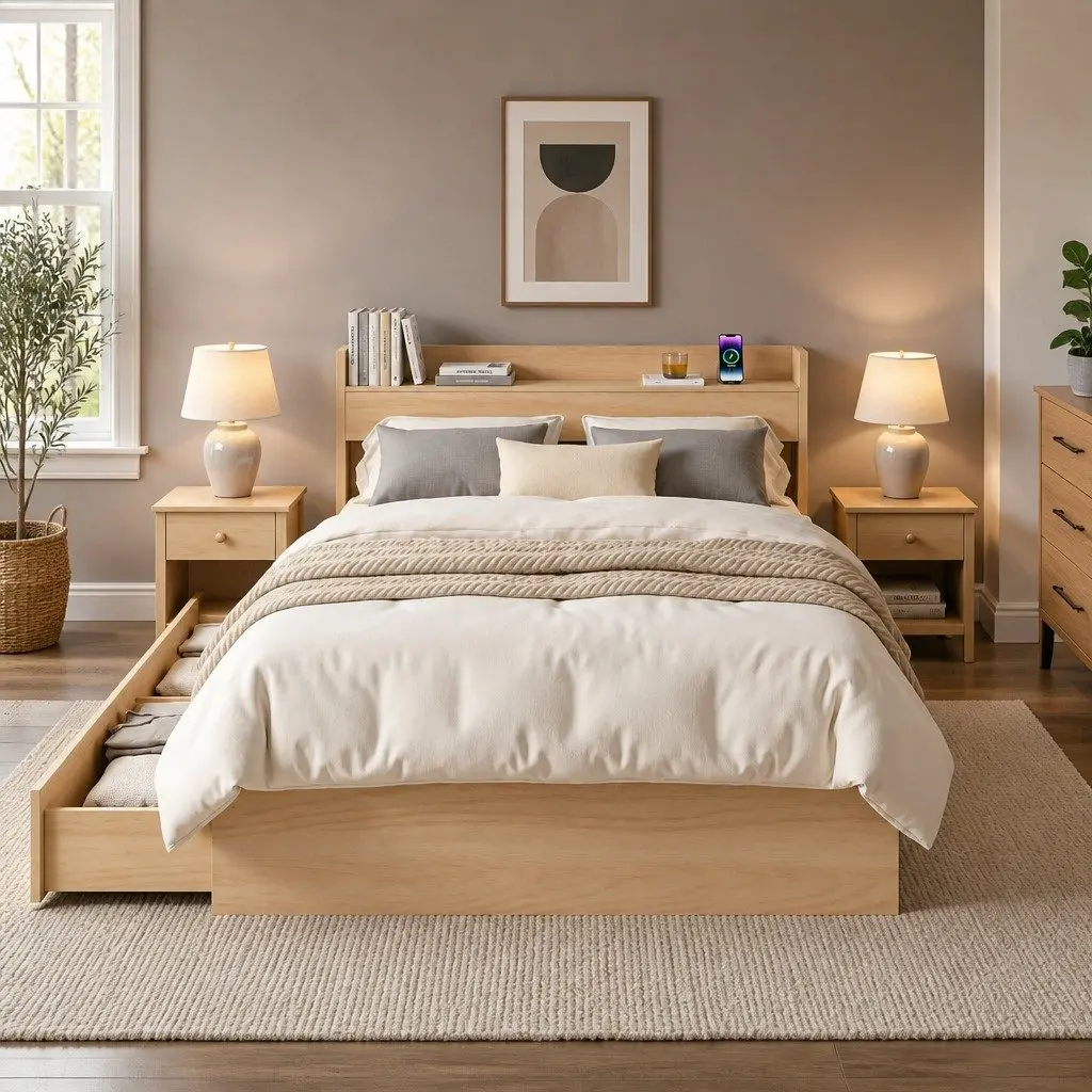 Single Bed Frame with Storage Drawers and USB Charging Ports Wooden Slat Platform 211 x 95 x 70cm