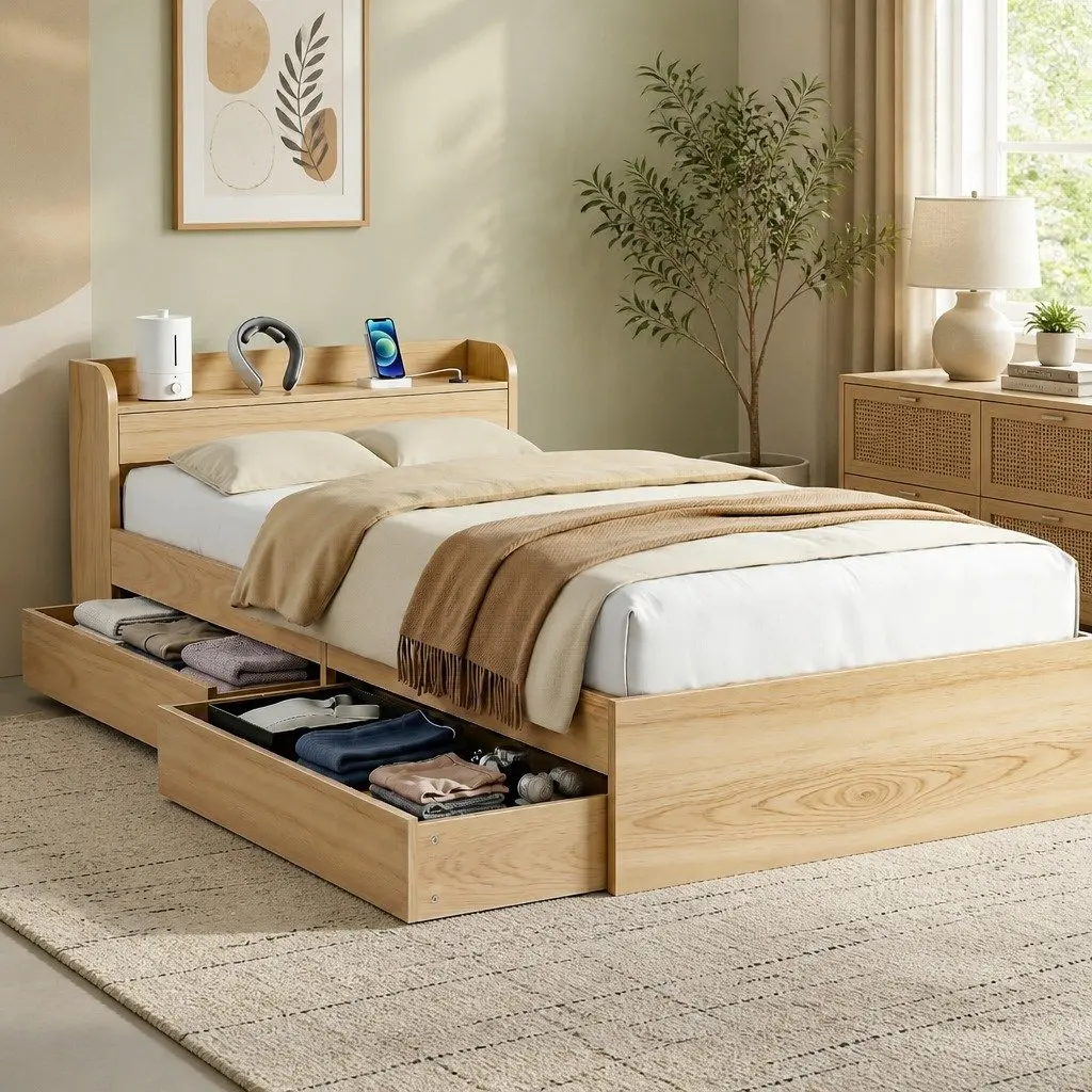 Single Bed Frame with Storage Drawers and USB Charging Ports Wooden Slat Platform 211 x 95 x 70cm
