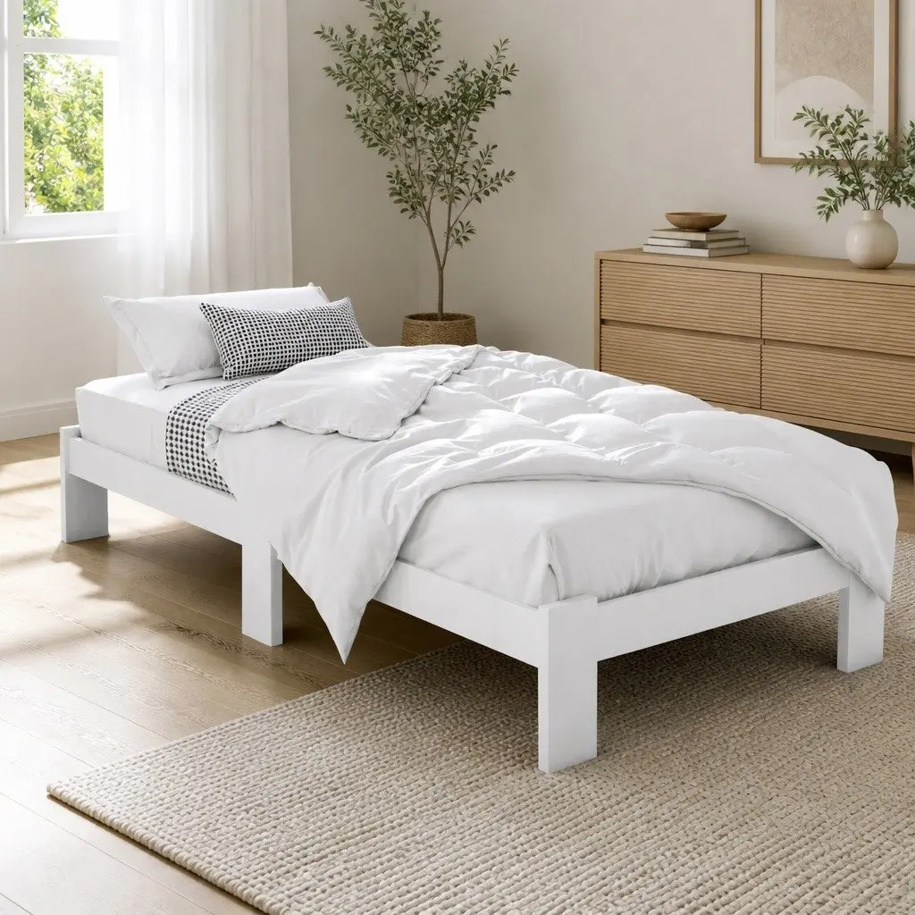 King Single Bed Frame White Wooden Pine Storage Underneath Central Support