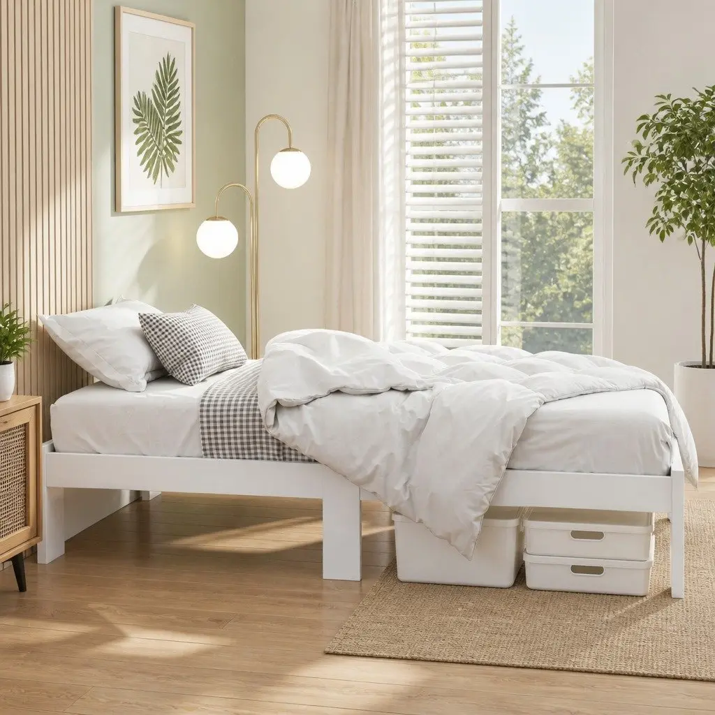 King Single Bed Frame White Wooden Pine Storage Underneath Central Support