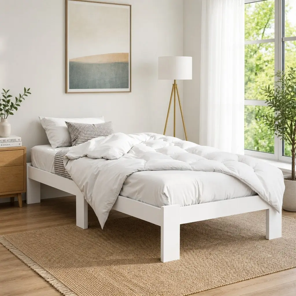 King Single Bed Frame White Wooden Pine Storage Underneath Central Support