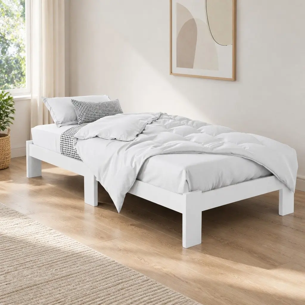 Single Bed Frame White Wooden Pine Slat Storage Bedroom Furniture Australian