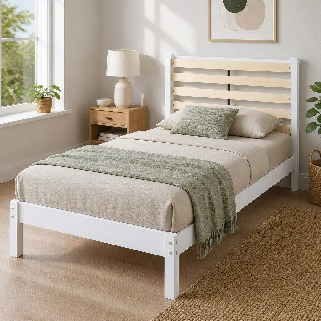 Single Bed Frame White Wooden Pine Slat Storage Bedroom Furniture Australian