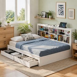 Double Platform Bed Frame White Storage Headboard Charging Station Under Bed