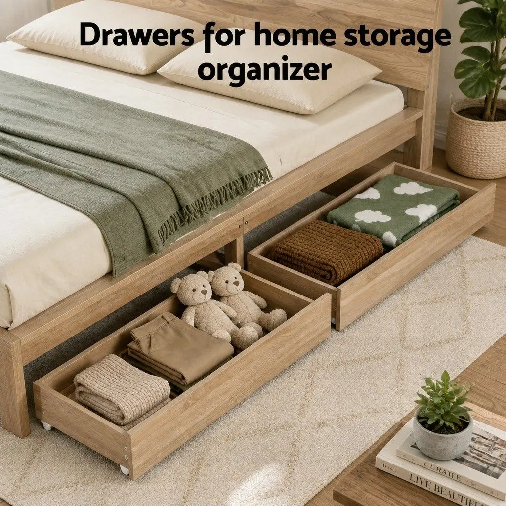 Under Bed Storage Drawers with Wheels Rolling Wooden Organizer King Single Queen
