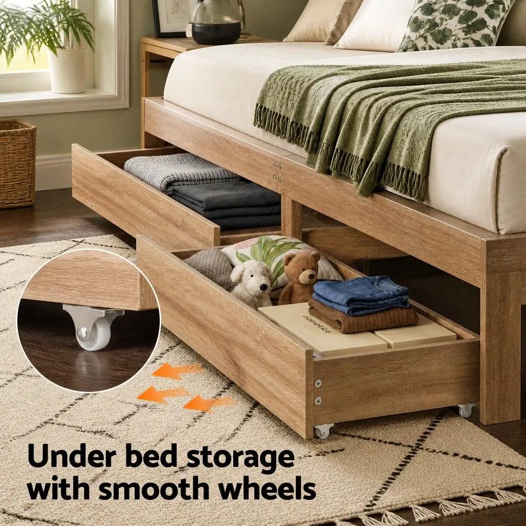 Under Bed Storage Drawers with Wheels Rolling Wooden Organizer King Single Queen