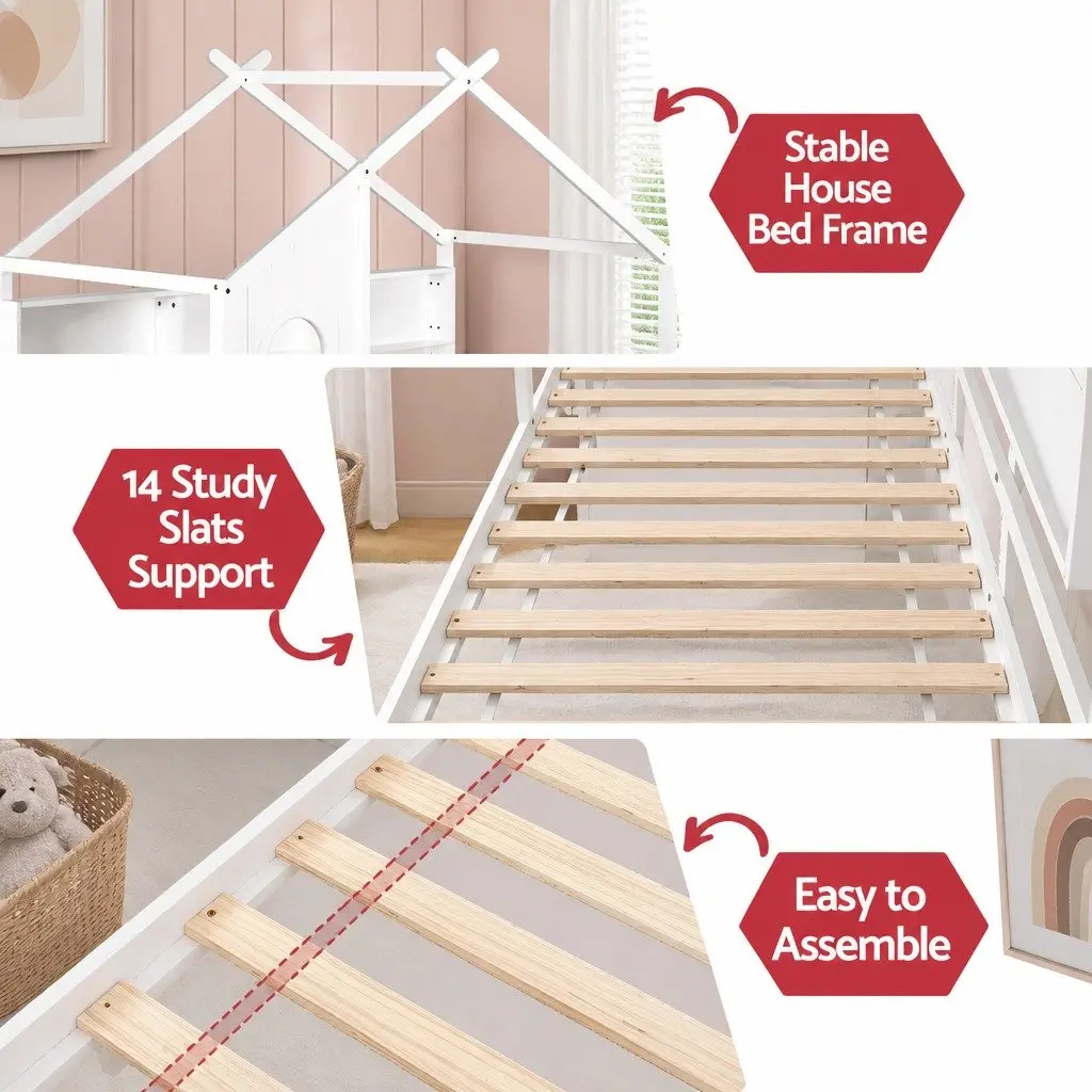 Kids Single House Bed Frame Low Floor Montessori Design White Bedroom Furniture