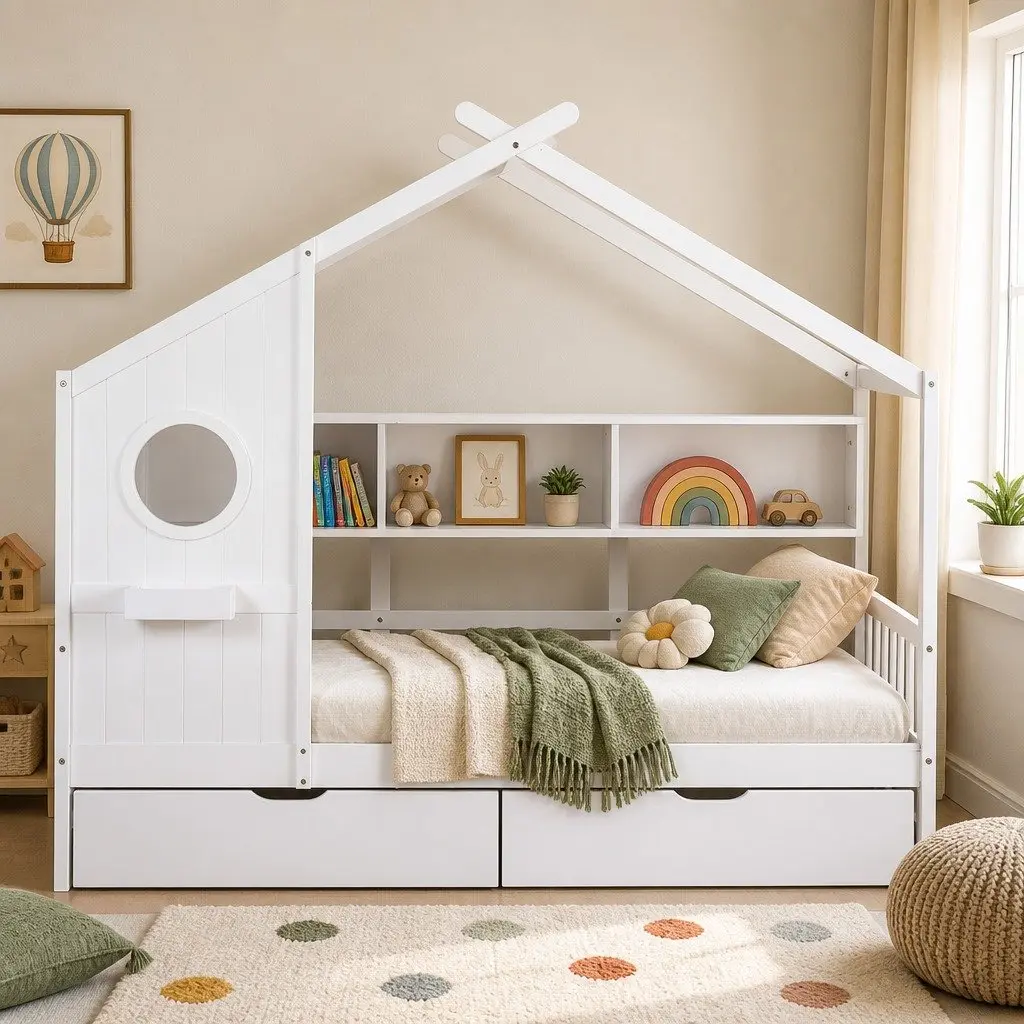 Kids Single Bed Frame House Design Storage Bookcase 2 Drawers White Montessori