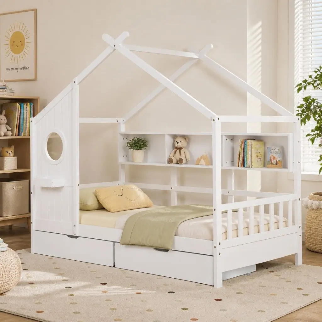 Kids Single Bed Frame House Design Storage Bookcase 2 Drawers White Montessori