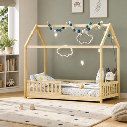 Kids House Bed Frame Single Pine Wood Children's Bedroom Furniture with Side