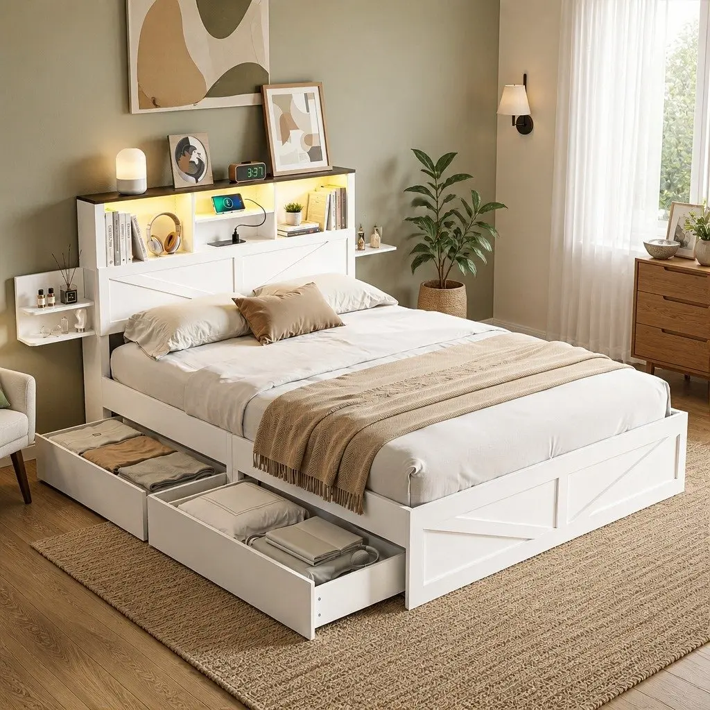 Queen Bed Frame with Bookcase Headboard and Storage Drawers White Platform Bed 158cm W x 221cm L x 113cm H