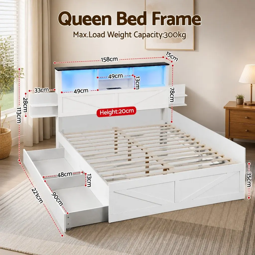 Queen Bed Frame with Bookcase Headboard and Storage Drawers White Platform Bed 158cm W x 221cm L x 113cm H