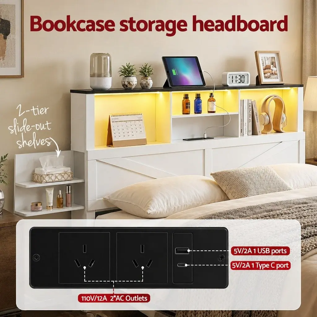 Queen Bed Frame with Bookcase Headboard and Storage Drawers White Platform Bed 158cm W x 221cm L x 113cm H