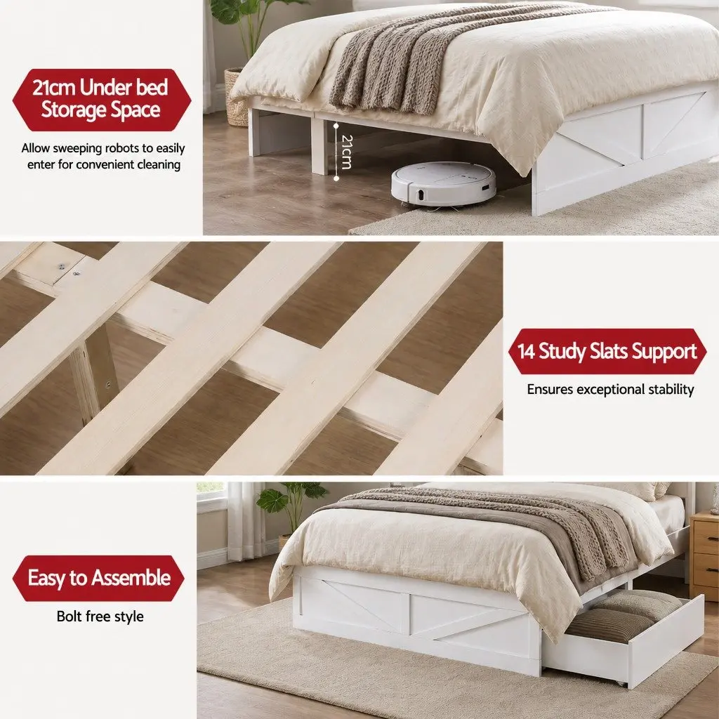 Queen Bed Frame with Bookcase Headboard and Storage Drawers White Platform Bed 158cm W x 221cm L x 113cm H