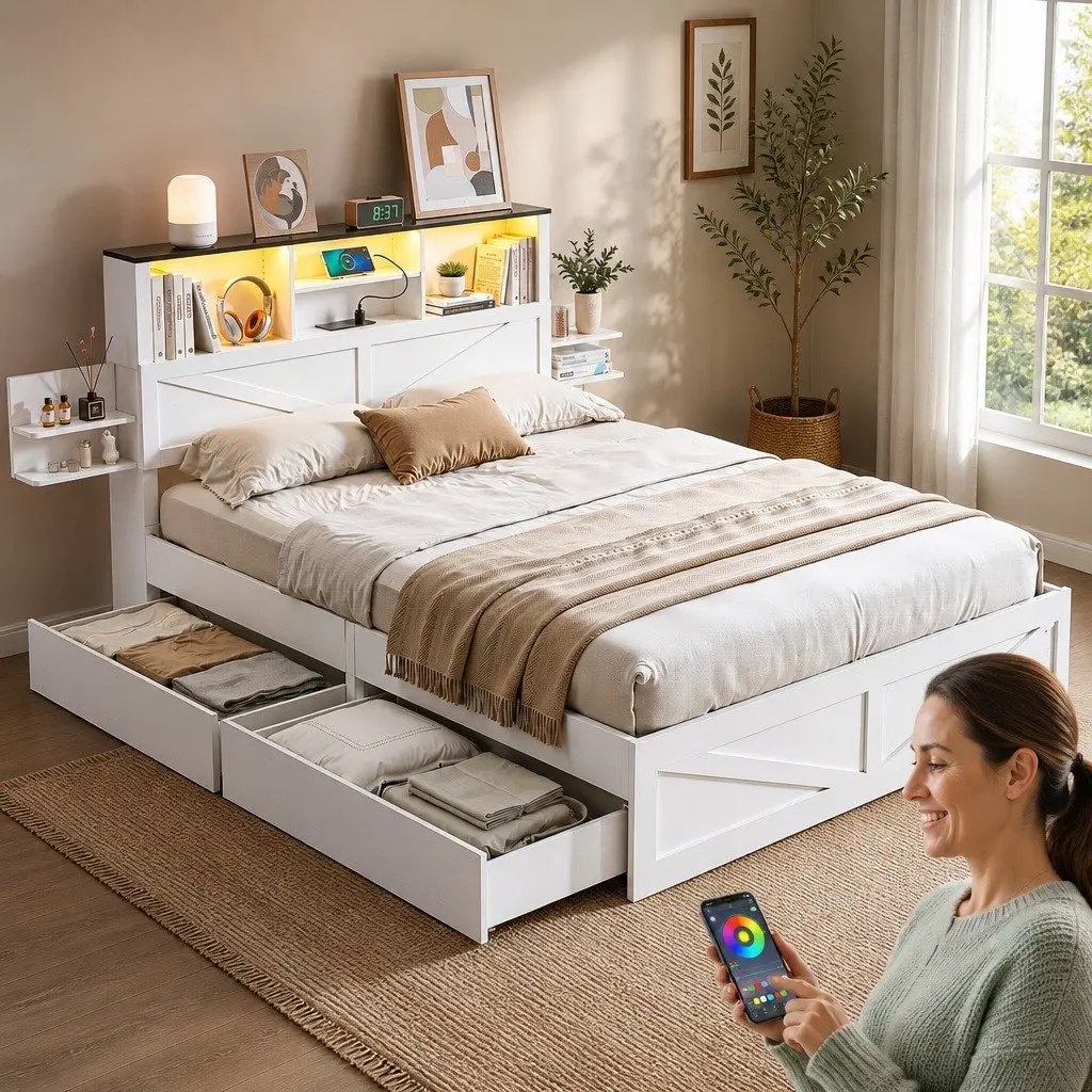 Queen Bed Frame with Bookcase Headboard and Storage Drawers White Platform Bed 158cm W x 221cm L x 113cm H