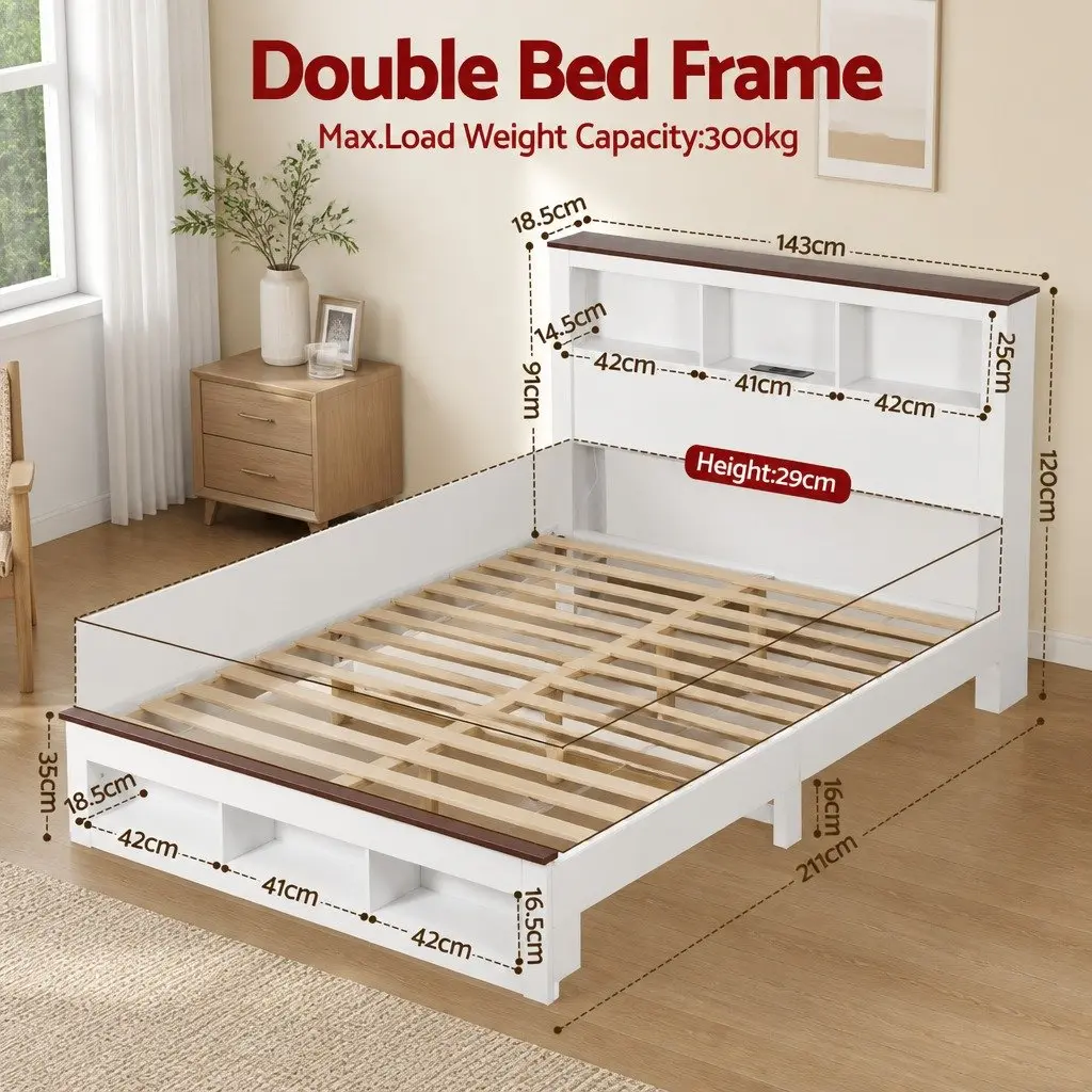 Double Bed Frame with Storage Bookcase Headboard Footboard Charging Station LED
