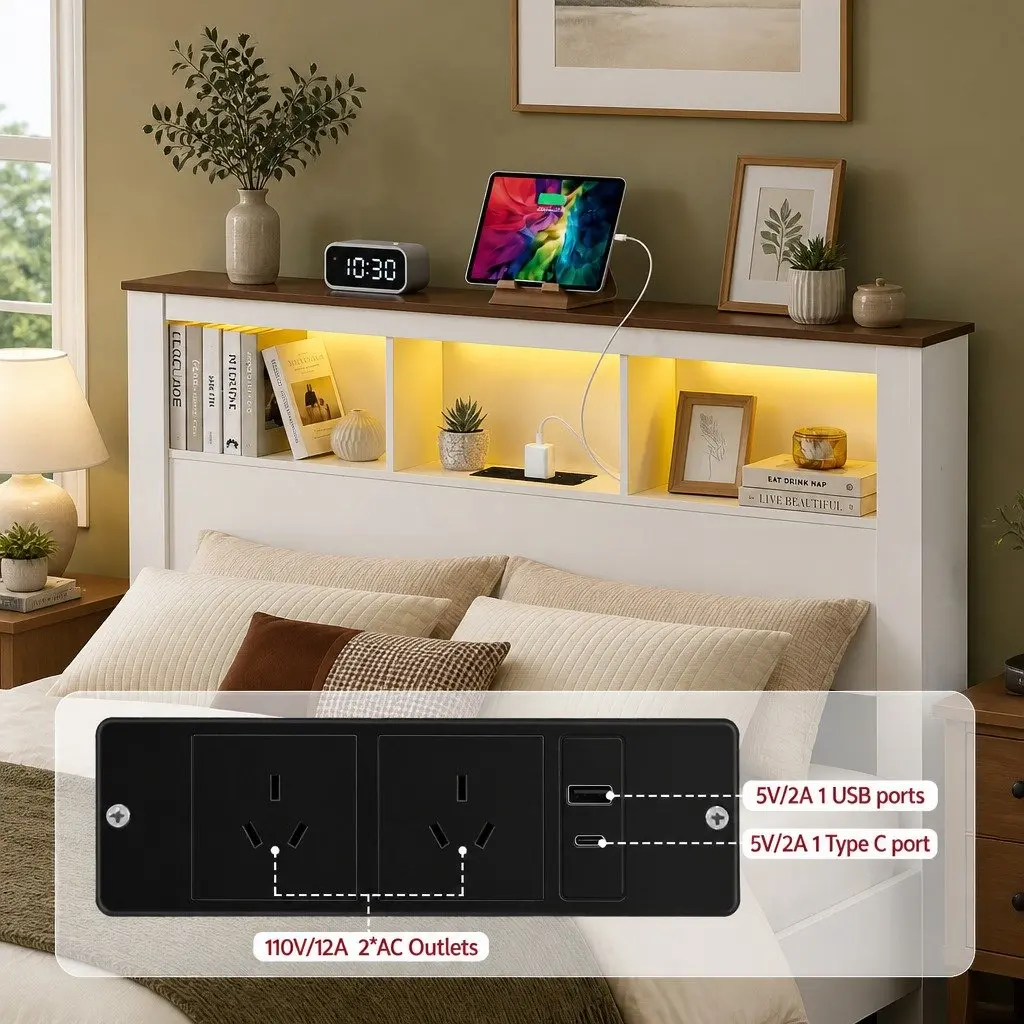 Double Bed Frame with Storage Bookcase Headboard Footboard Charging Station LED