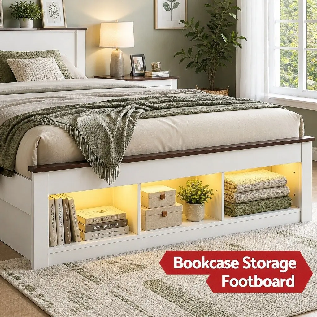 Double Bed Frame with Storage Bookcase Headboard Footboard Charging Station LED
