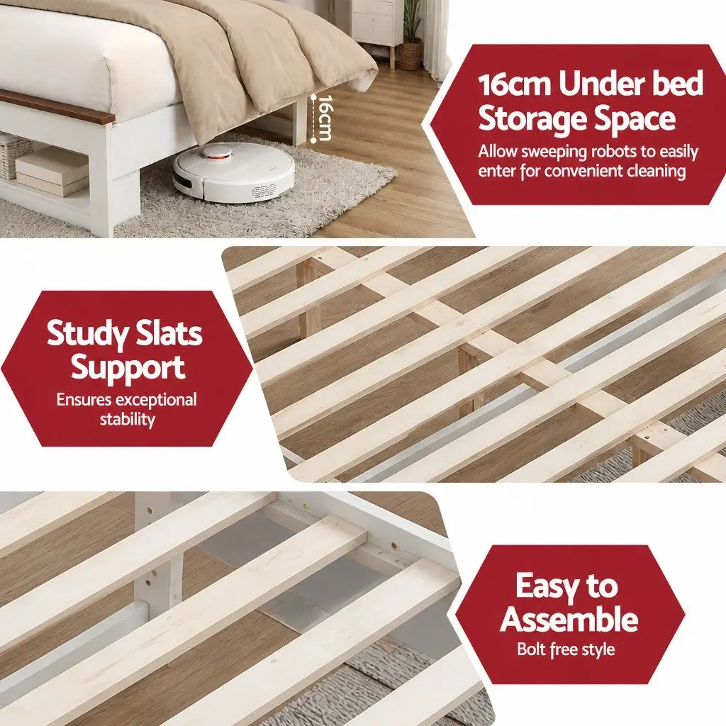 Double Bed Frame with Storage Bookcase Headboard Footboard Charging Station LED
