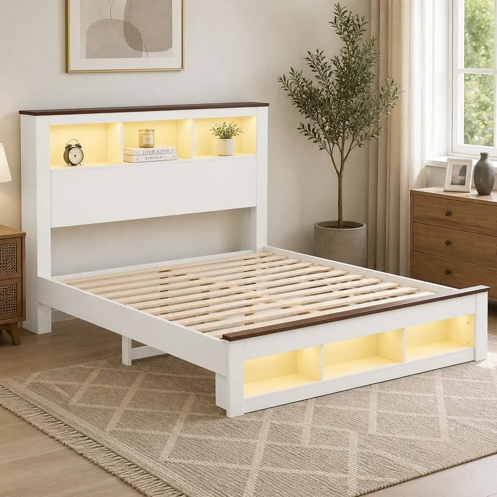 Double Bed Frame with Storage Bookcase Headboard Footboard Charging Station LED