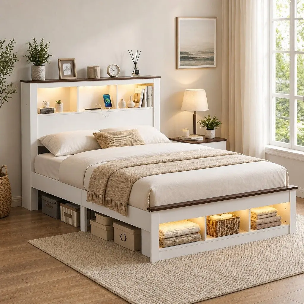 Queen Bed Frame with Storage and Charging Options