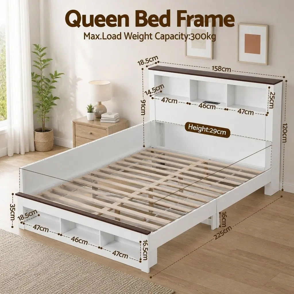 Queen Bed Frame with Storage and Charging Options