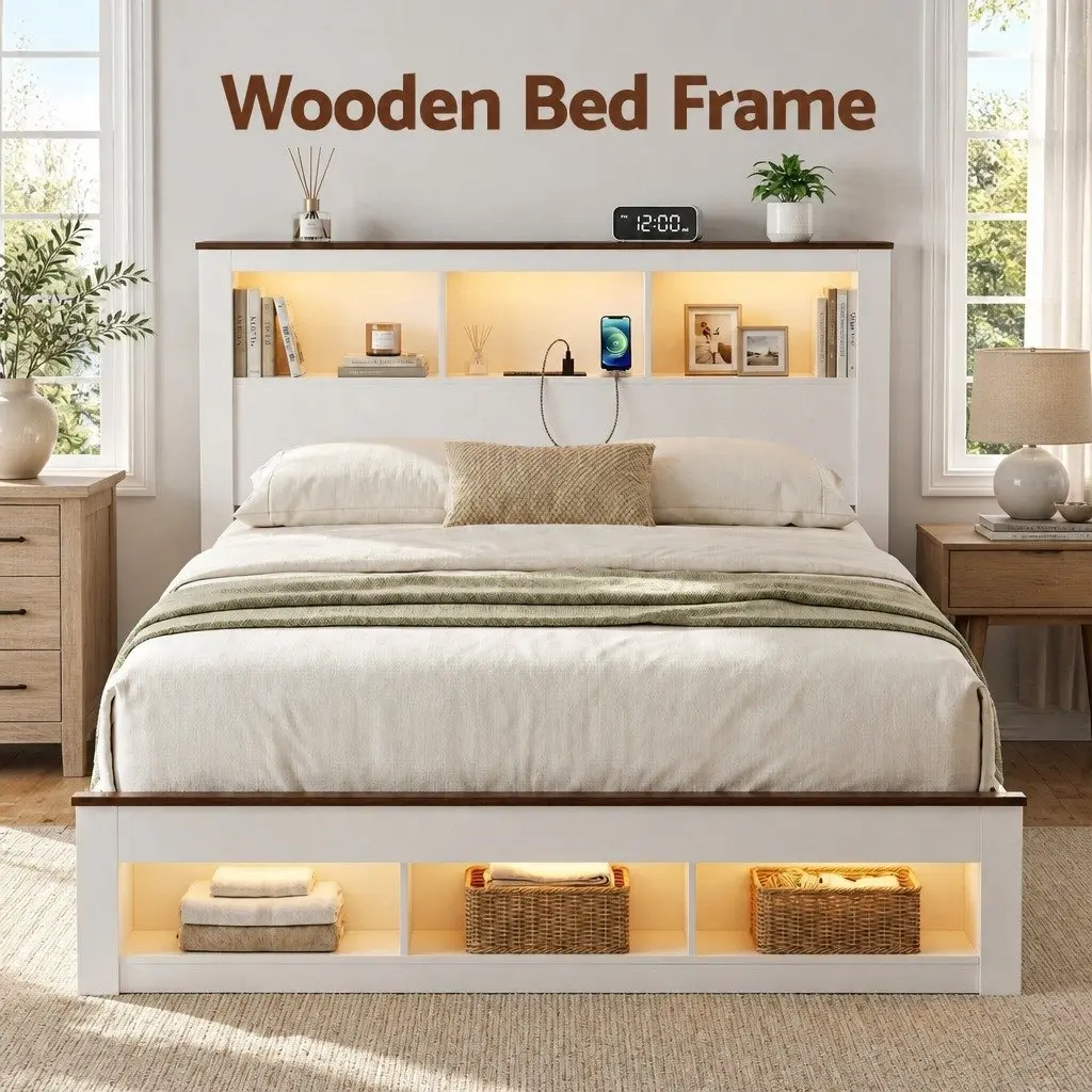 Queen Bed Frame with Storage and Charging Options