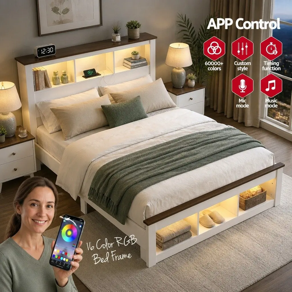 Queen Bed Frame with Storage and Charging Options