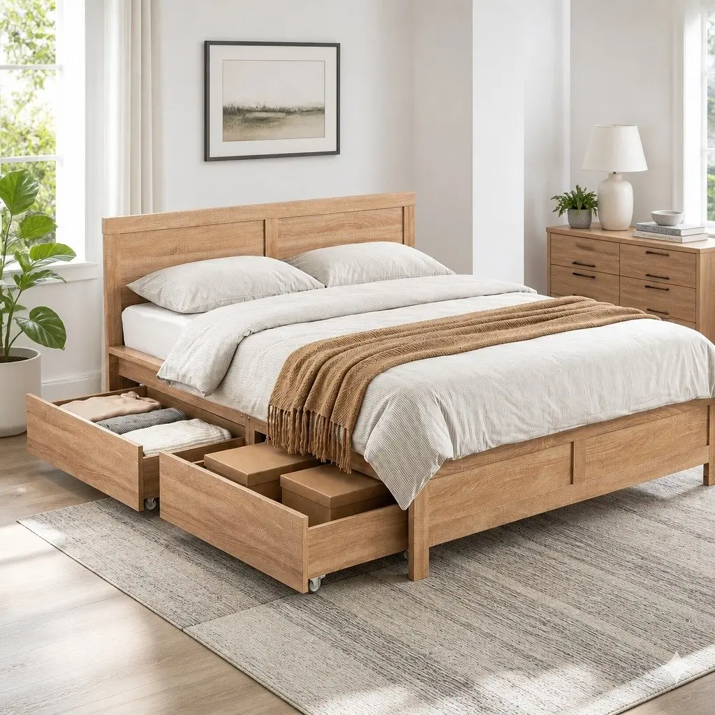 Queen Size Bed Frame with Storage Drawers Wooden Bedroom Furniture Slat Base
