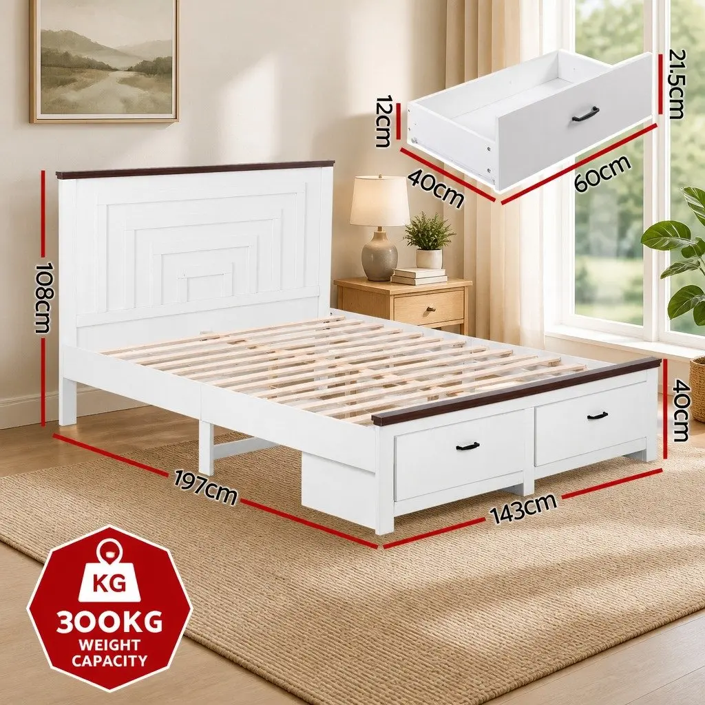 Double Bed Frame with Headboard Storage Drawers White Wooden Platform Bedroom