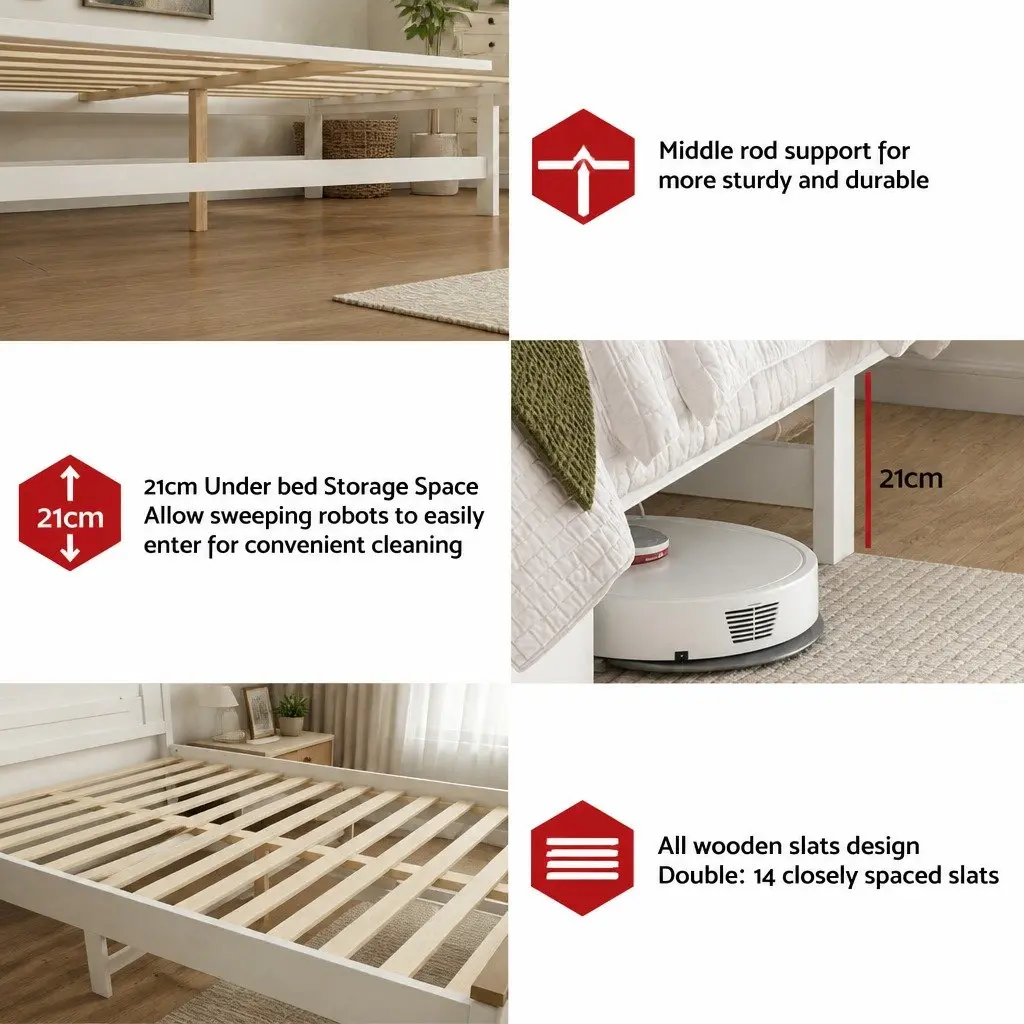 Double Bed Frame with Headboard Storage Drawers White Wooden Platform Bedroom