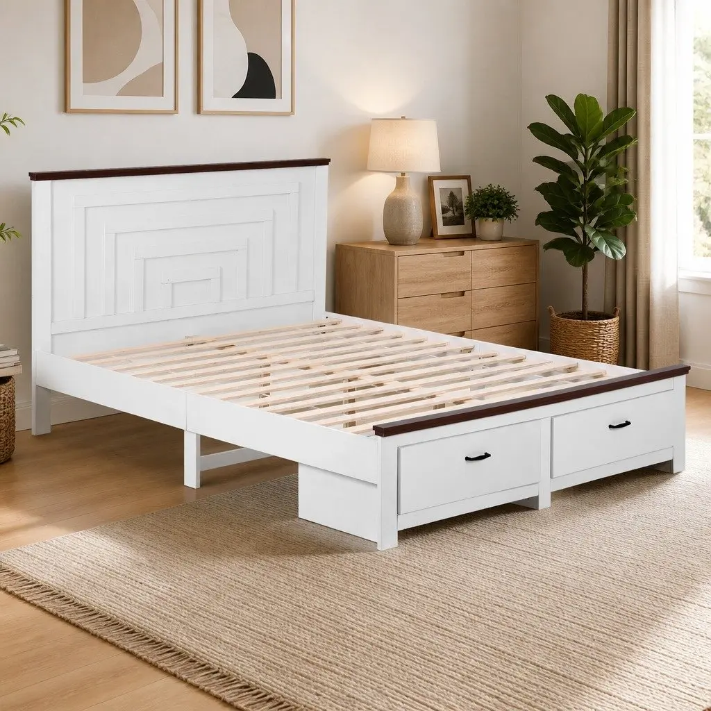 Double Bed Frame with Headboard Storage Drawers White Wooden Platform Bedroom