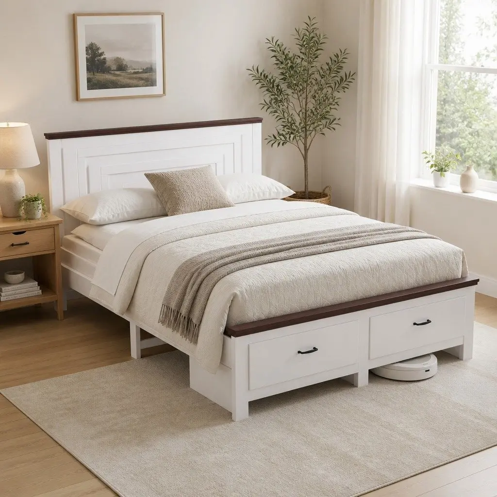 Queen Bed Frame Wooden Platform White 108cm Tall Headboard with 2 Drawers